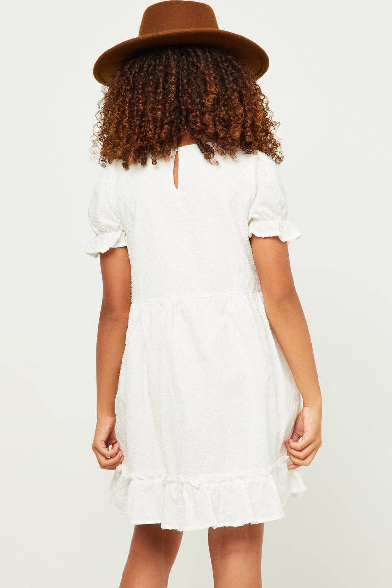 Girls Ruffle Tiered Cinch Sleeve Swiss Dot Dress