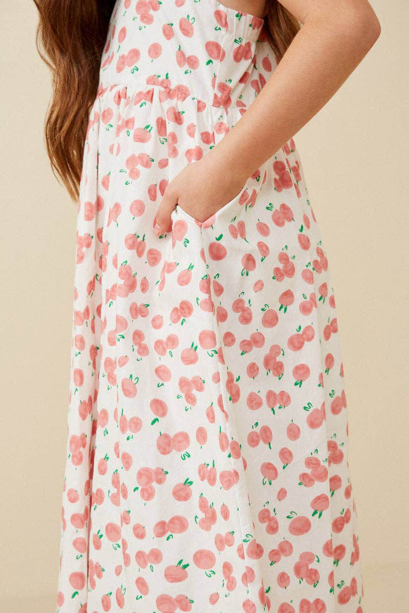 Girls Cherry Print Poplin Cross Back Dress: Pink