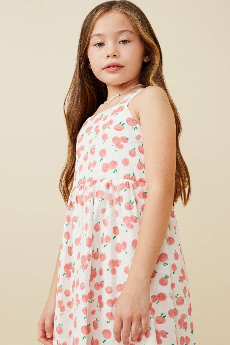 Girls Cherry Print Poplin Cross Back Dress: Pink