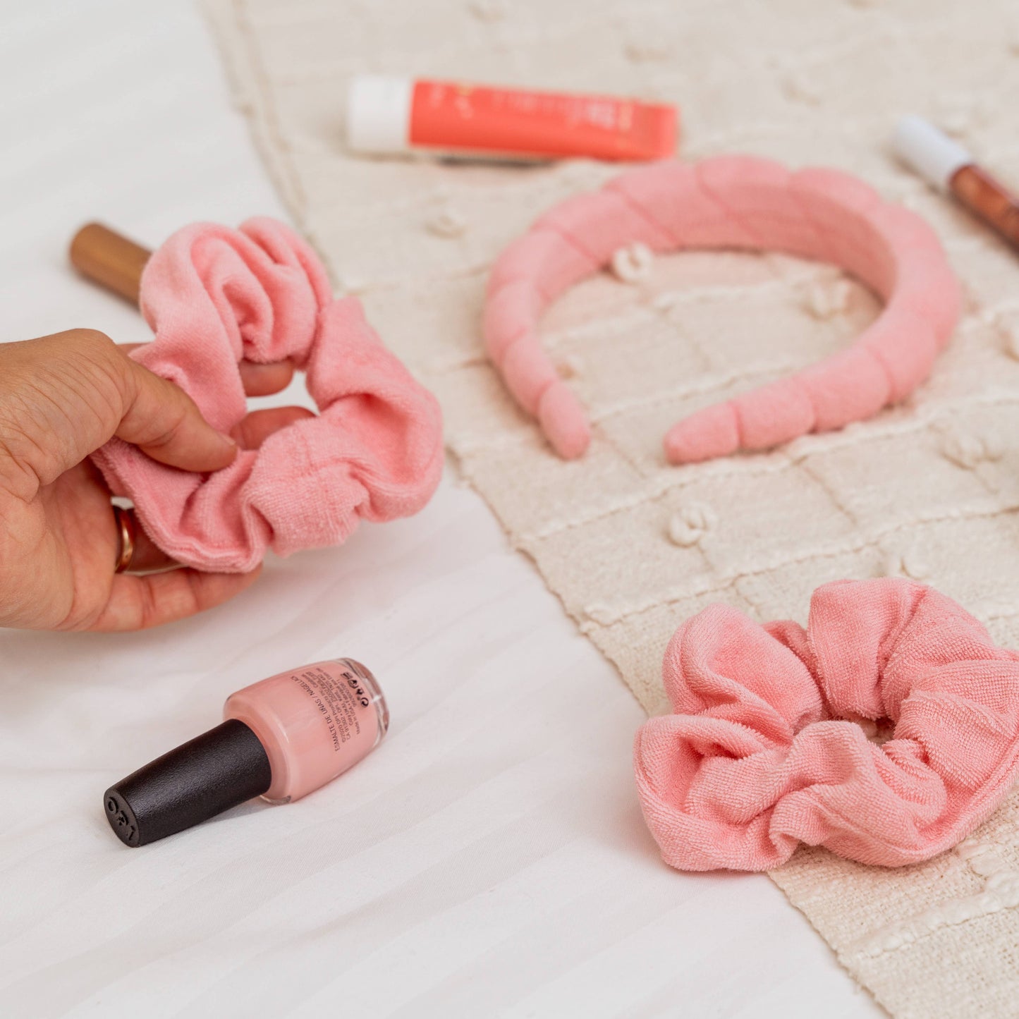 Spa Headband - Skincare Headband & Scrunchie Wristband Set: Hot Pink