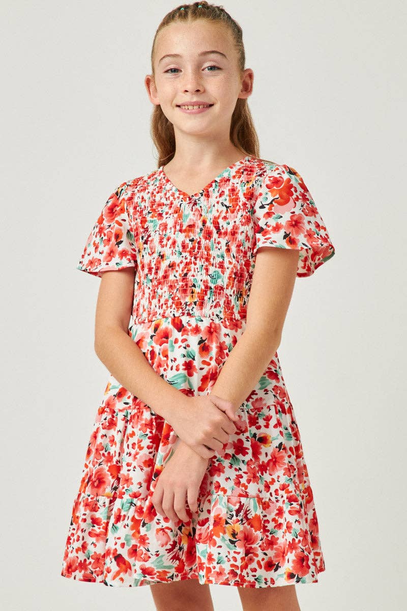 Girls Floral Smocked V Neck Short Sleeve Dress