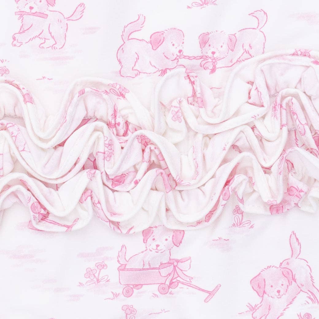 Puppy Toile Pink - 2 Way Ruffle Back Zipper Footie
