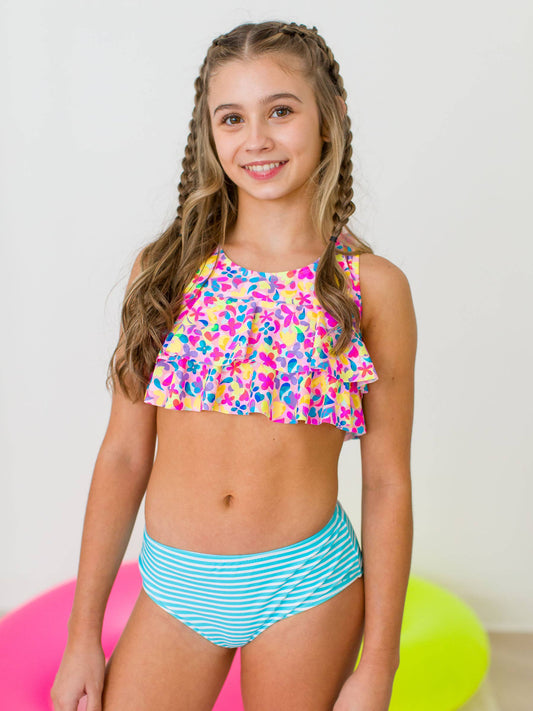 Tween Girls Vibrant Neon Flounce Bikini 2-Piece Swimsuit
