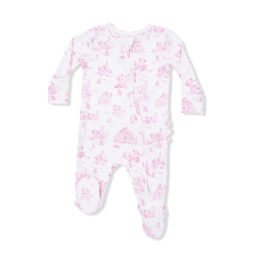 Puppy Toile Pink - 2 Way Ruffle Back Zipper Footie