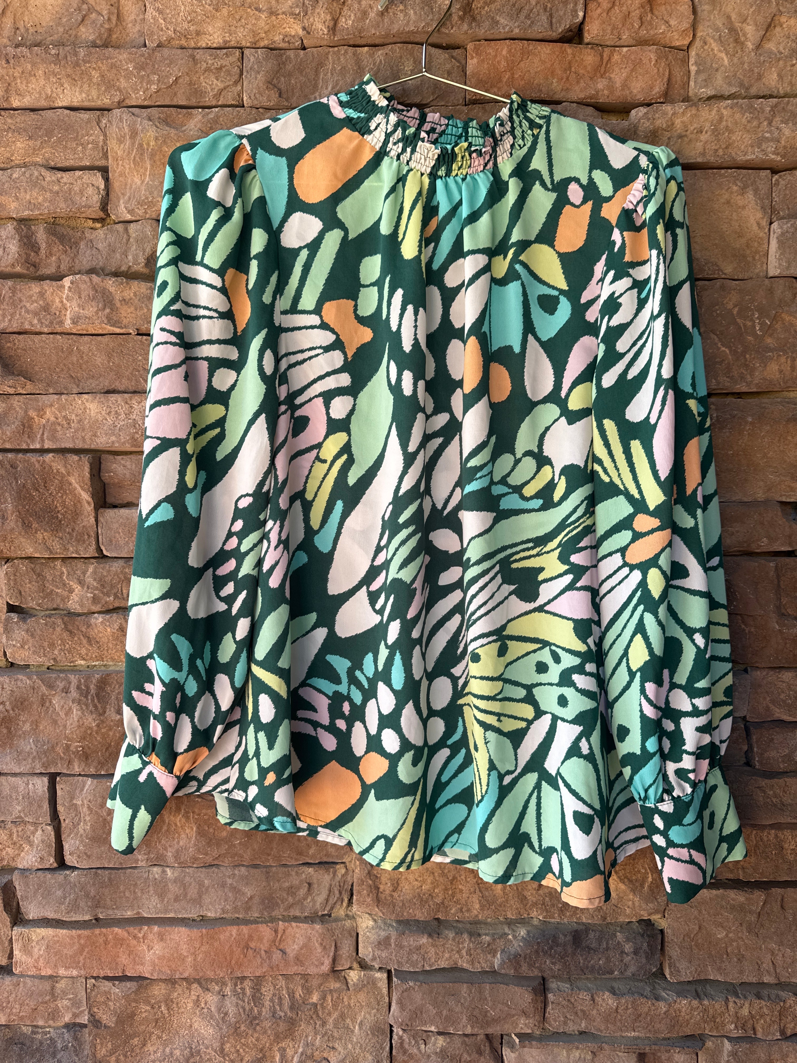 Jodifl LS Smocked Neck Green Top M