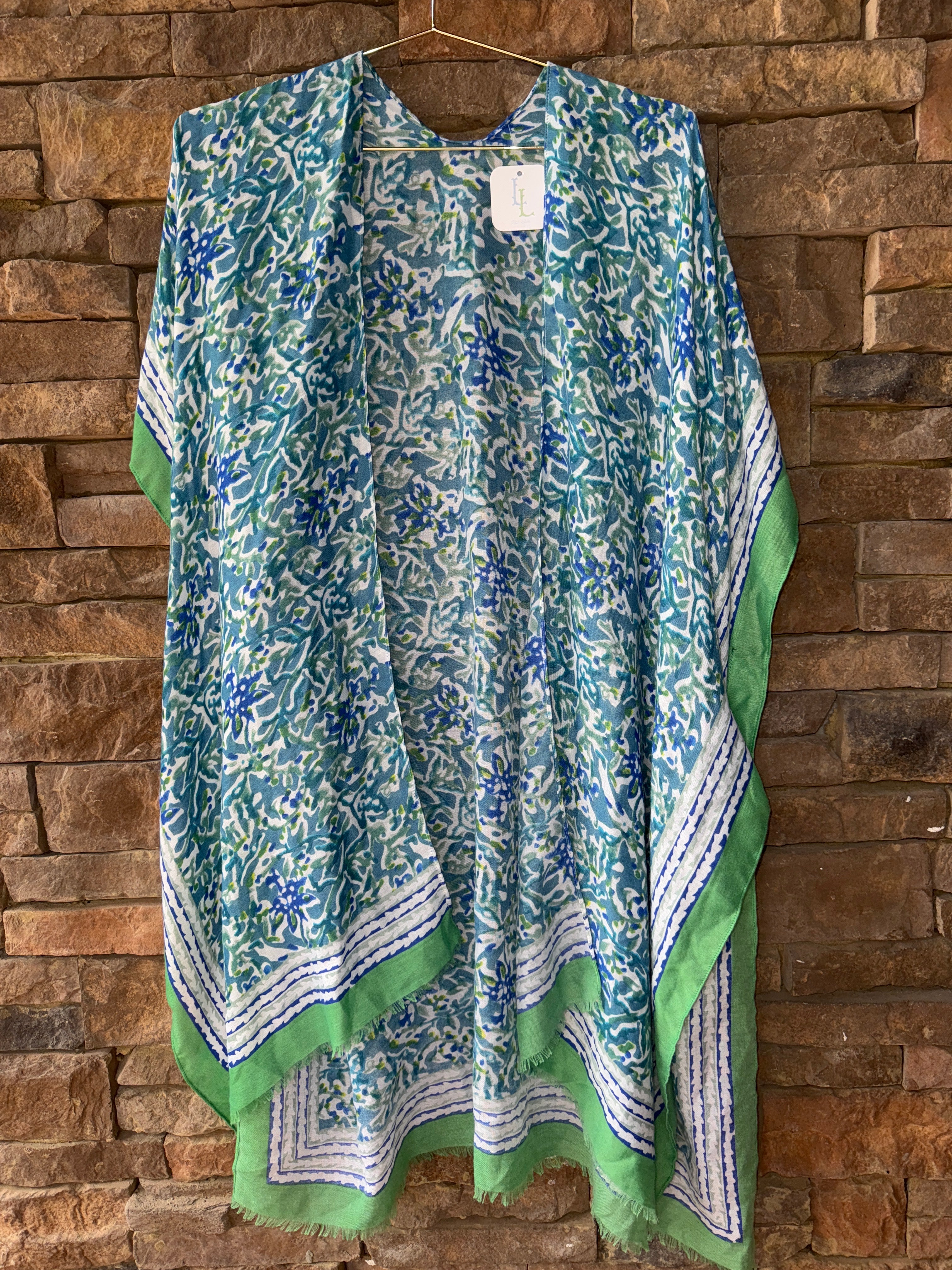 Green Turq Scarf Open front Kimono OS