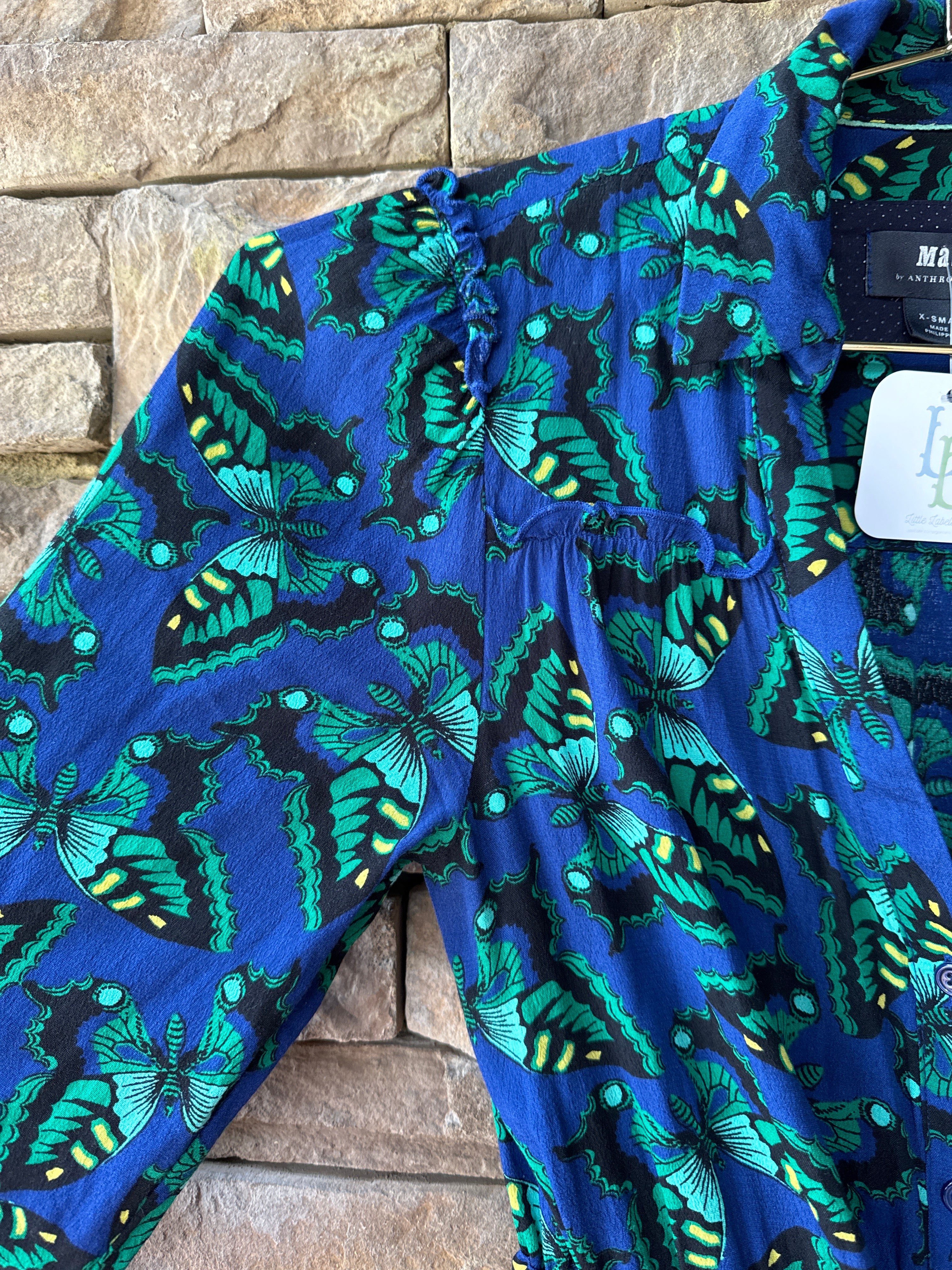 Maeve Anthropologie Pippa Butterfly Print Dress LS Mini Blue XS