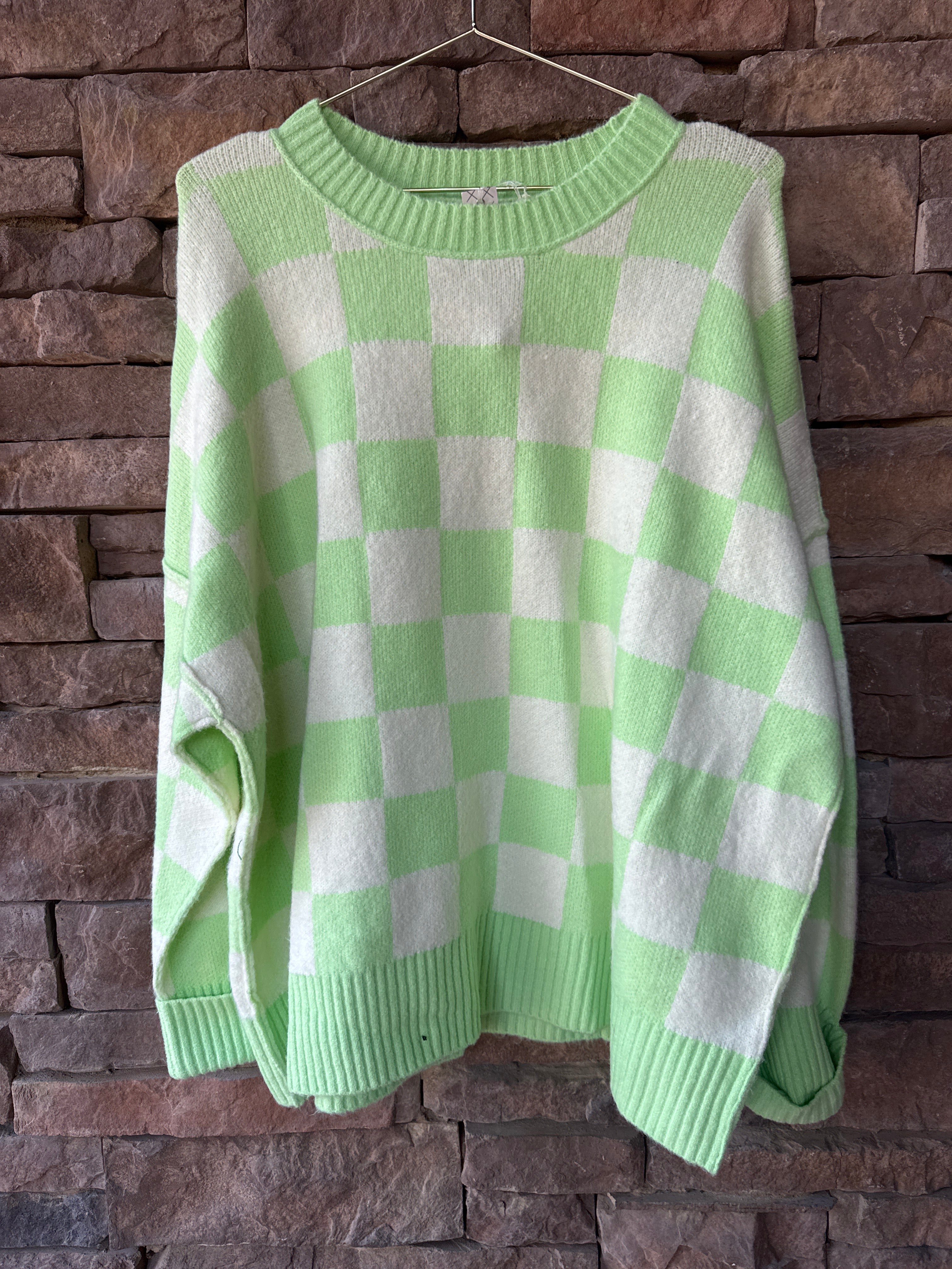 Lime Green Checkered Sweater M