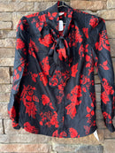 Tory Burch Red & Black LS Tie Neck Top 8