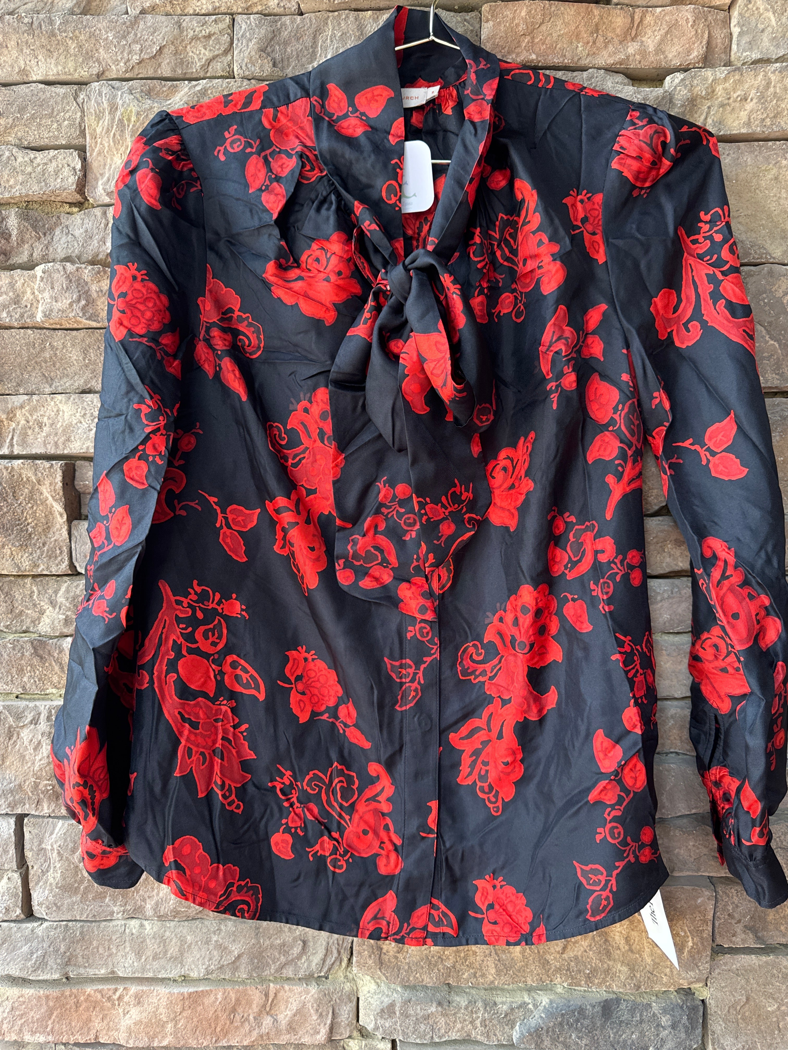 Tory Burch Red & Black LS Tie Neck Top 8