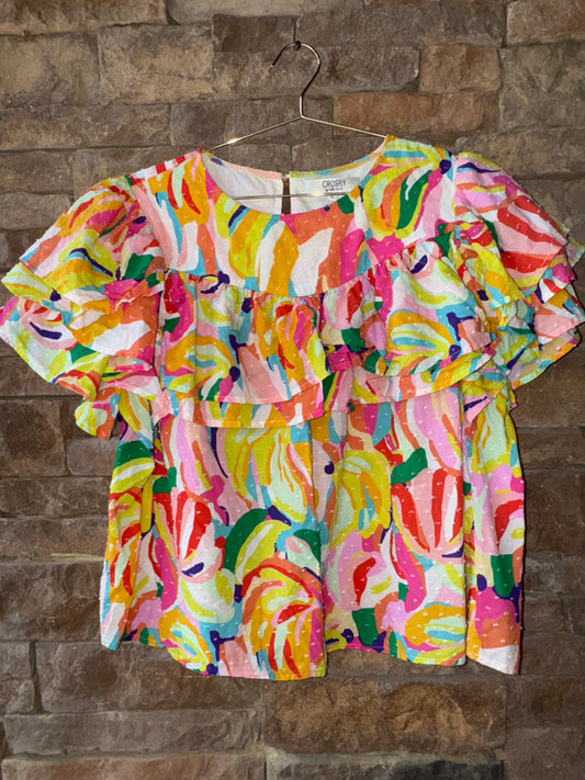Crosby Multi Ruffle Sleeve Multi Colored Top XL