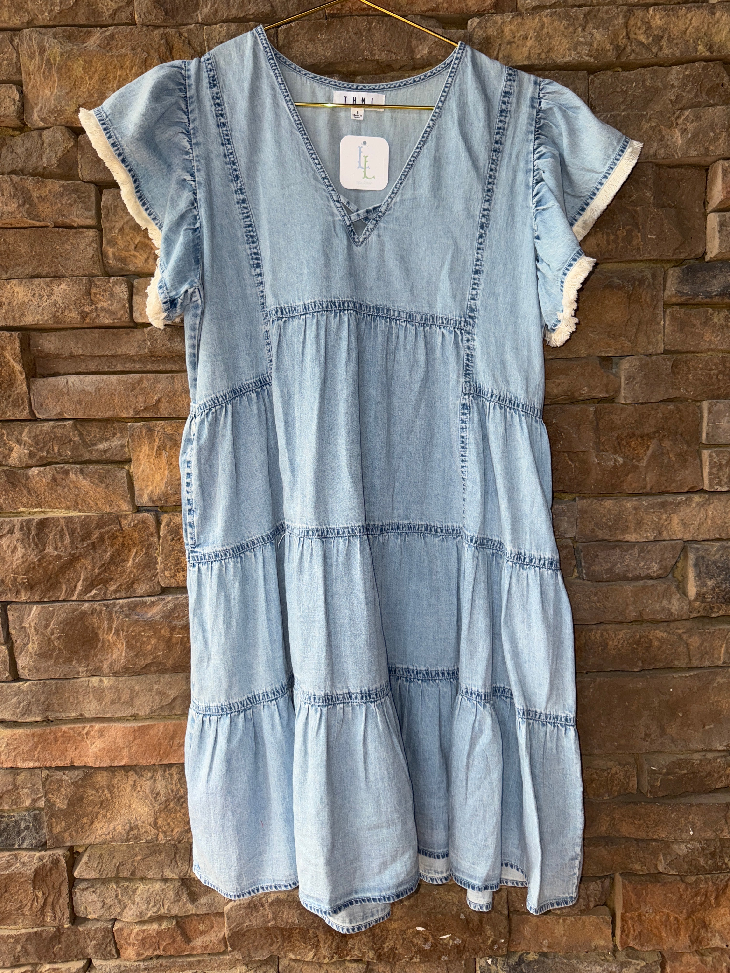 THML Jean Tiered Fringe Sleeve Dress S