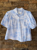 C&I White and Blue Watercolor Top S