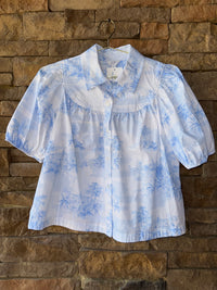 C&I White and Blue Watercolor Top S