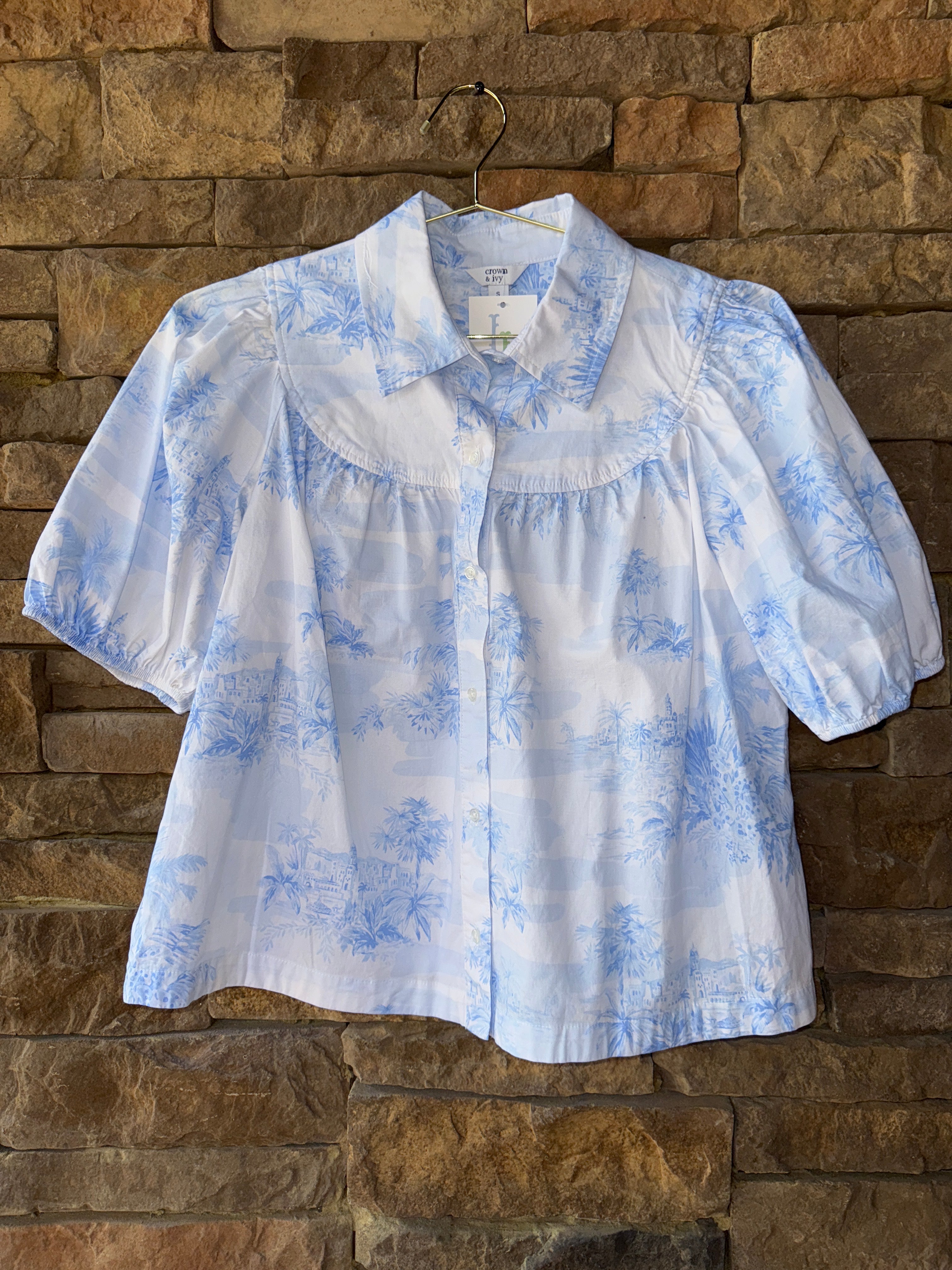 C&I White and Blue Watercolor Top S