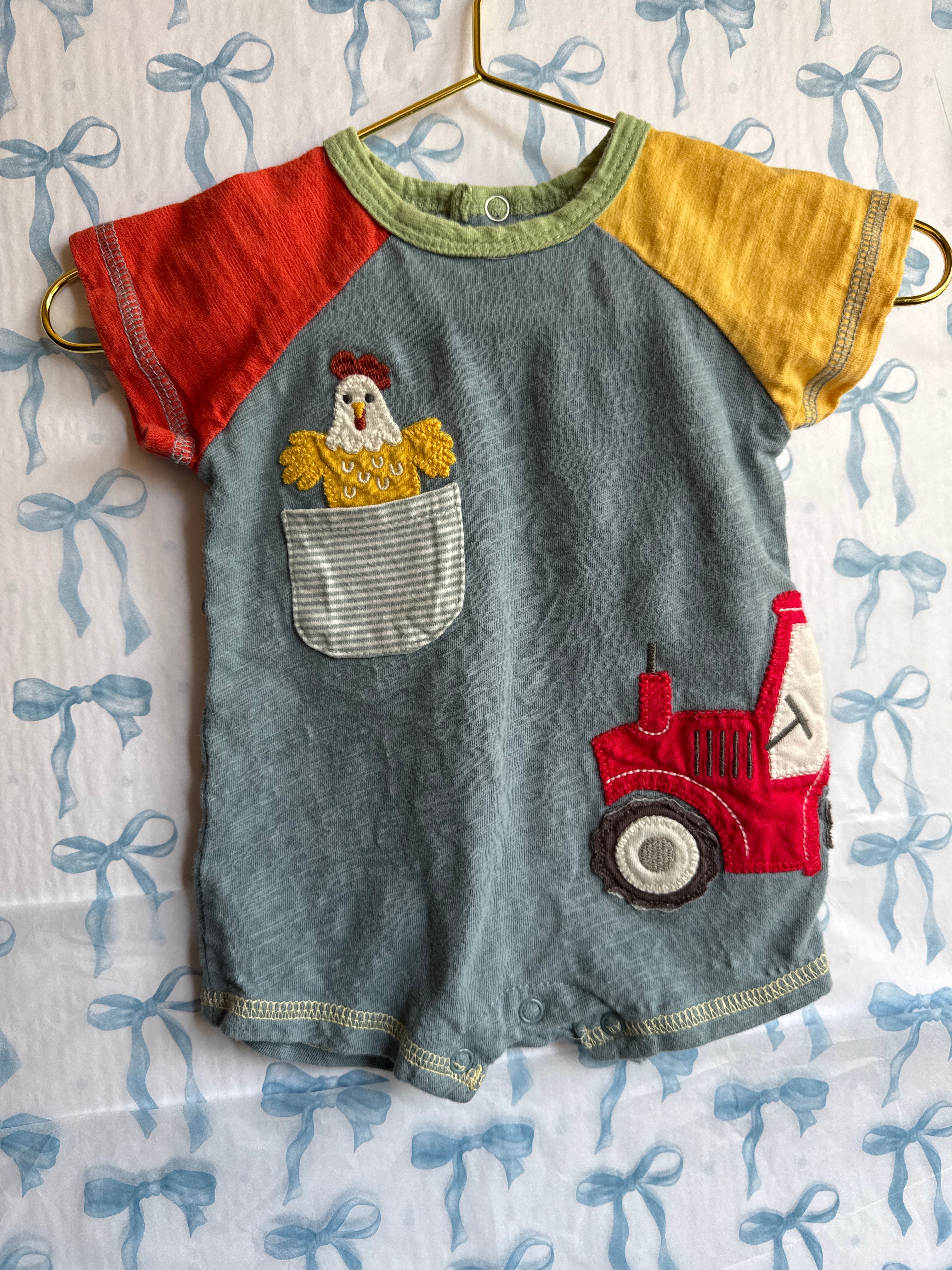 Mudpie Chicken and Tractor Romper 0-3m