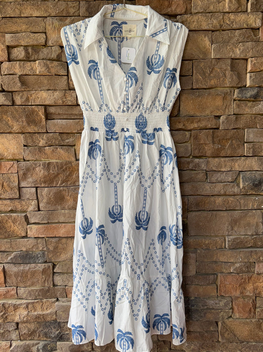 Umgee Palm Blue and White Dress S