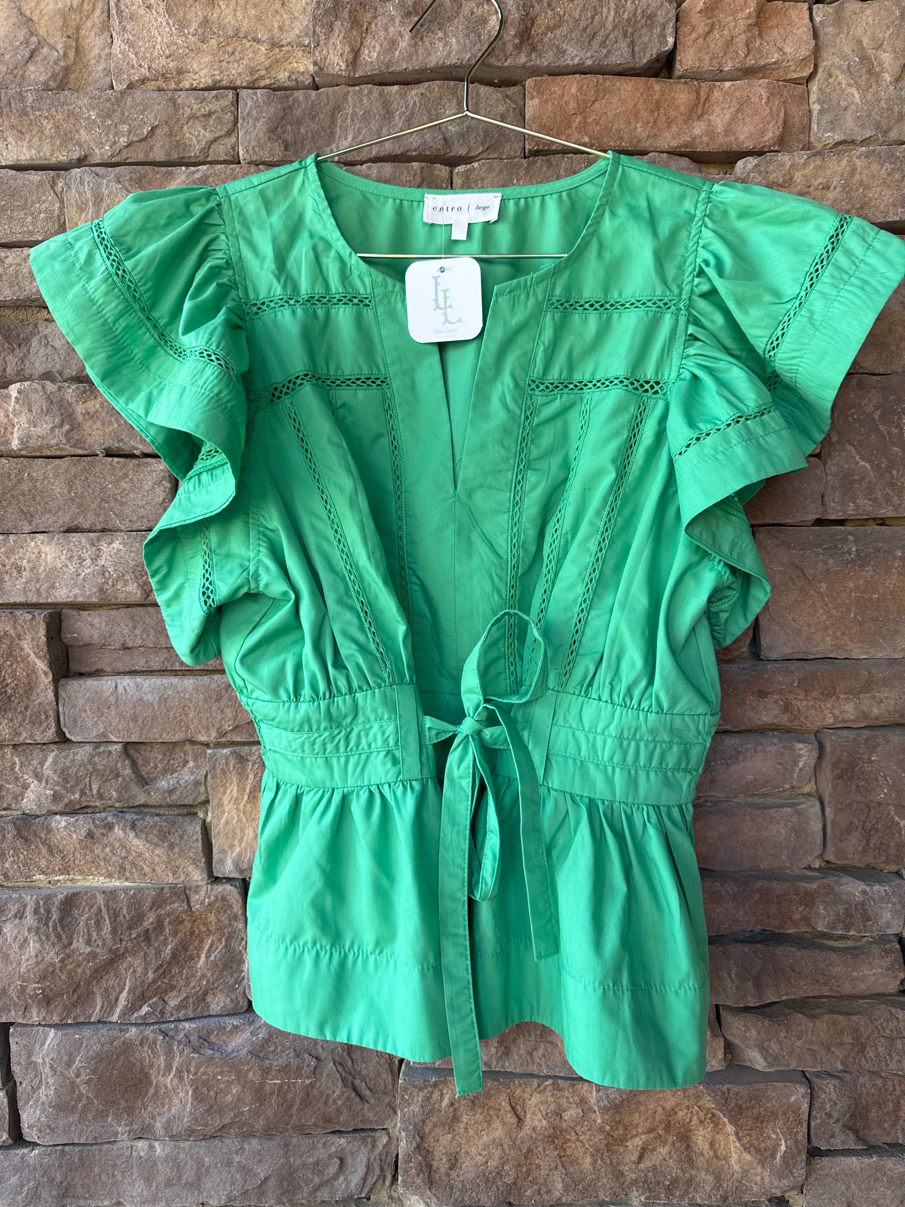 Entro Green Eyelet Tie Front Top L