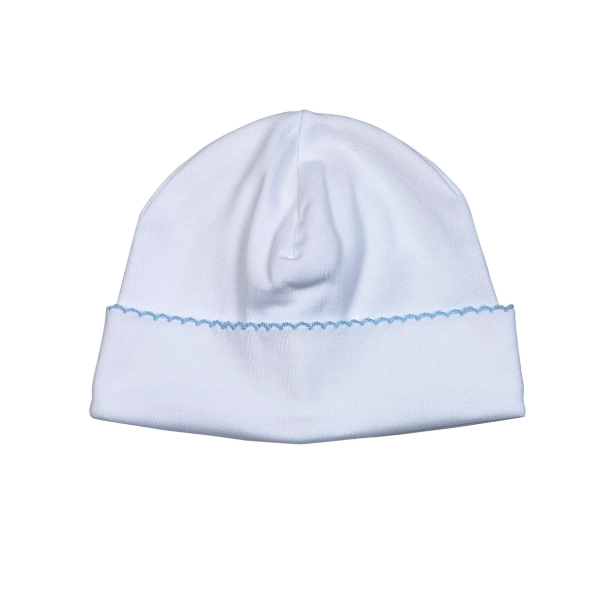 White Baby Hat w/ Blue Picot Trim