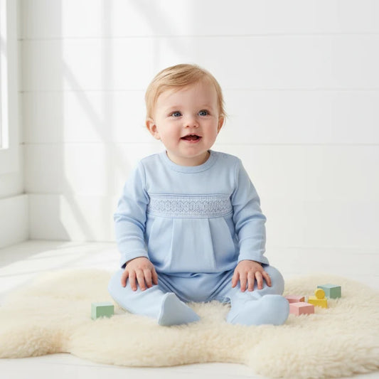 Blue Pima Hand Smocked Footie