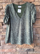 Adrienne Green Puff Sleeve Snake Print Top M
