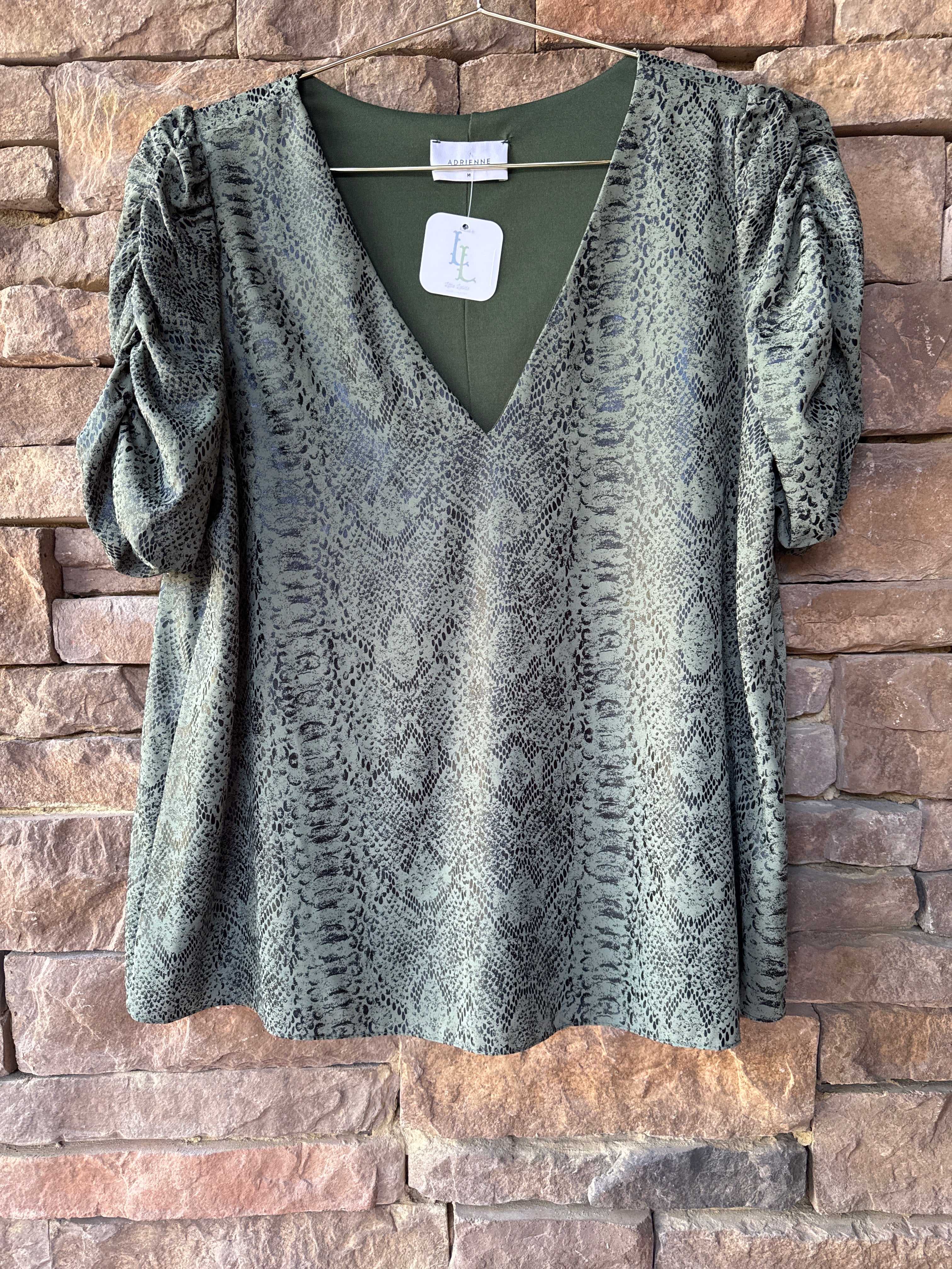 Adrienne Green Puff Sleeve Snake Print Top M