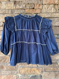 In The Beginning Tiered Ruffle Navy Blouse S
