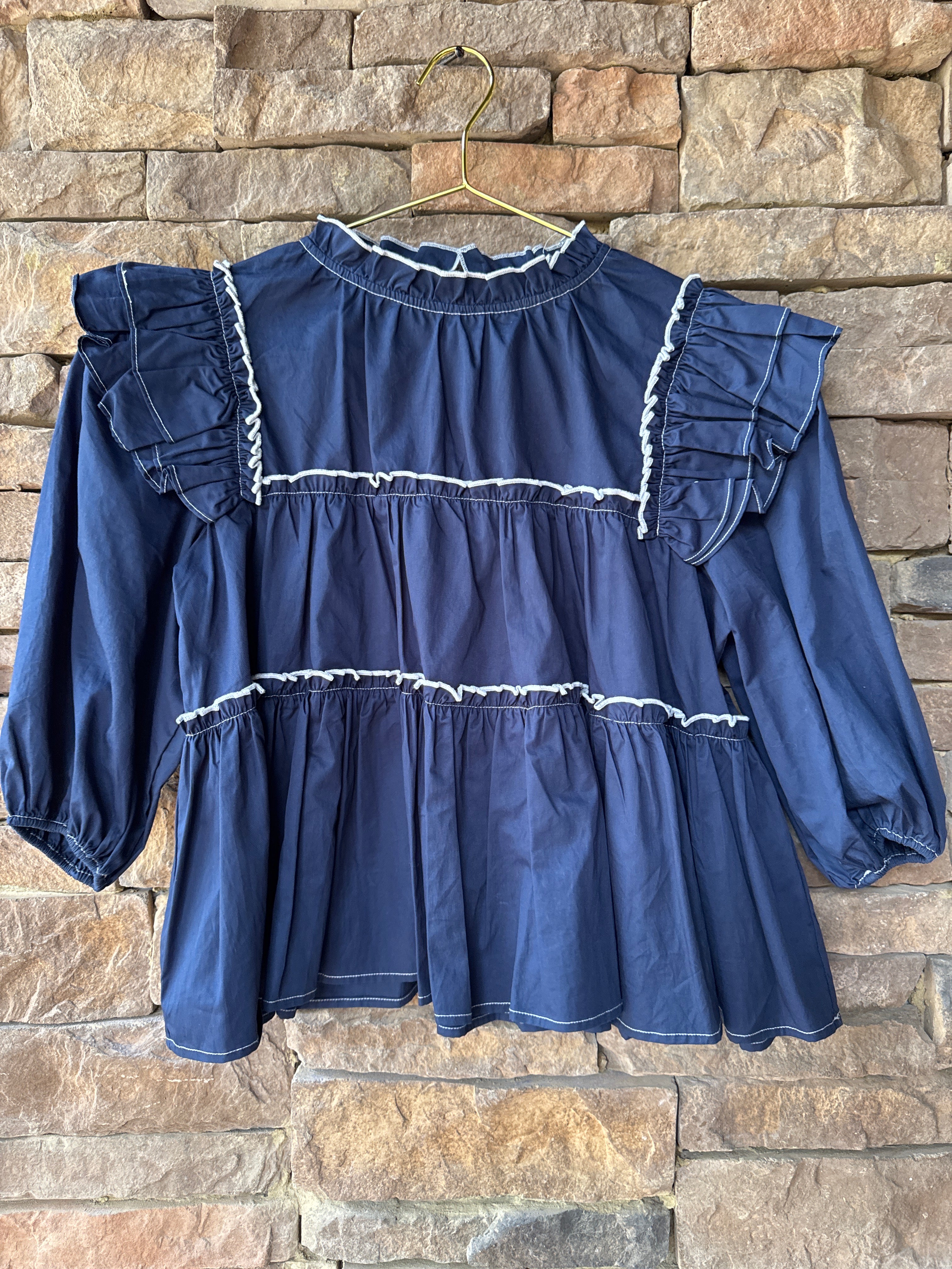 In The Beginning Tiered Ruffle Navy Blouse S