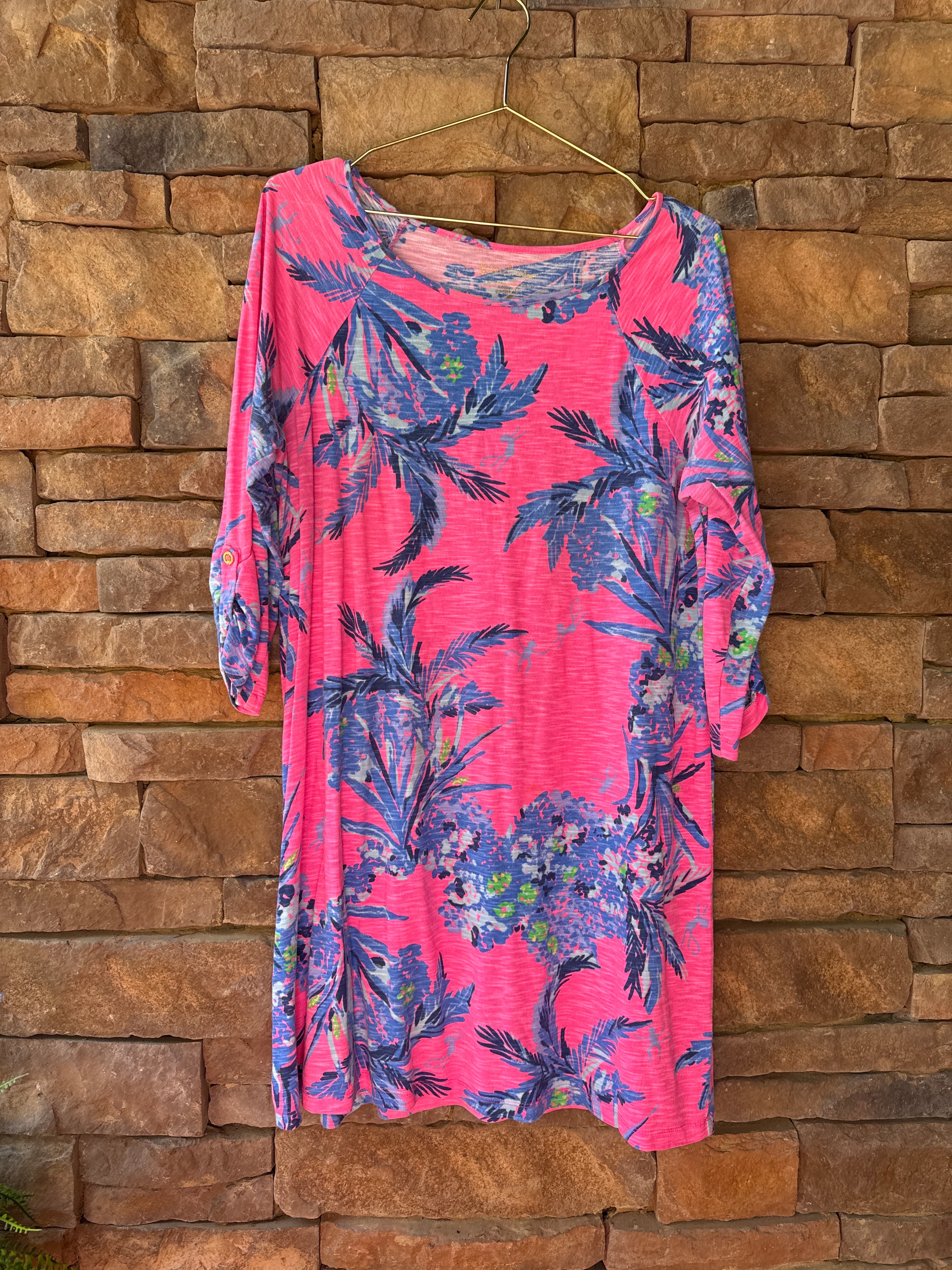 Lilly Pulitzer Long Sleeve Pink Palm Swing Dress L