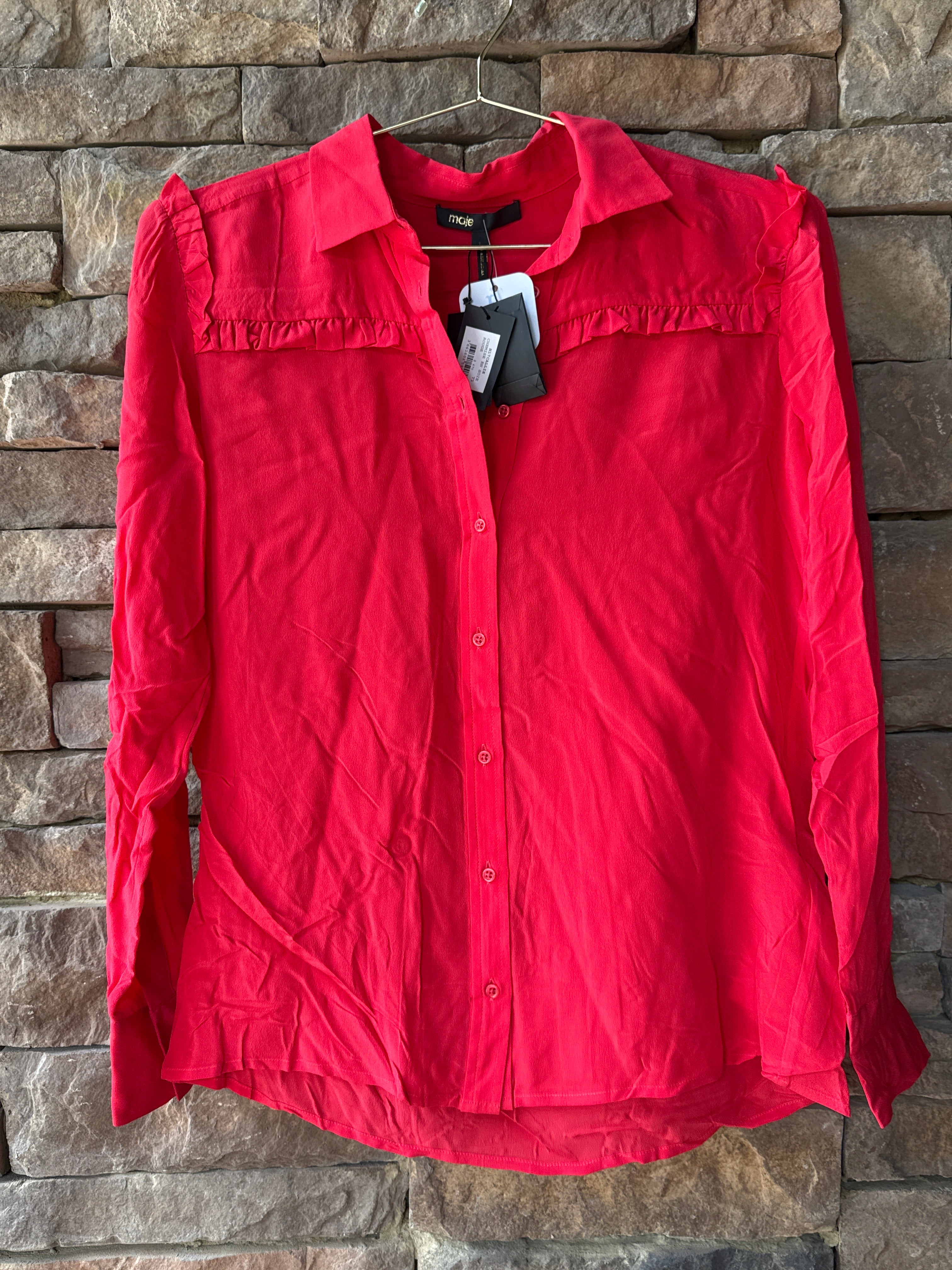Maje Red 100% Satin Callie Blouse Ruffle Long Sleeve Size 1 XS
