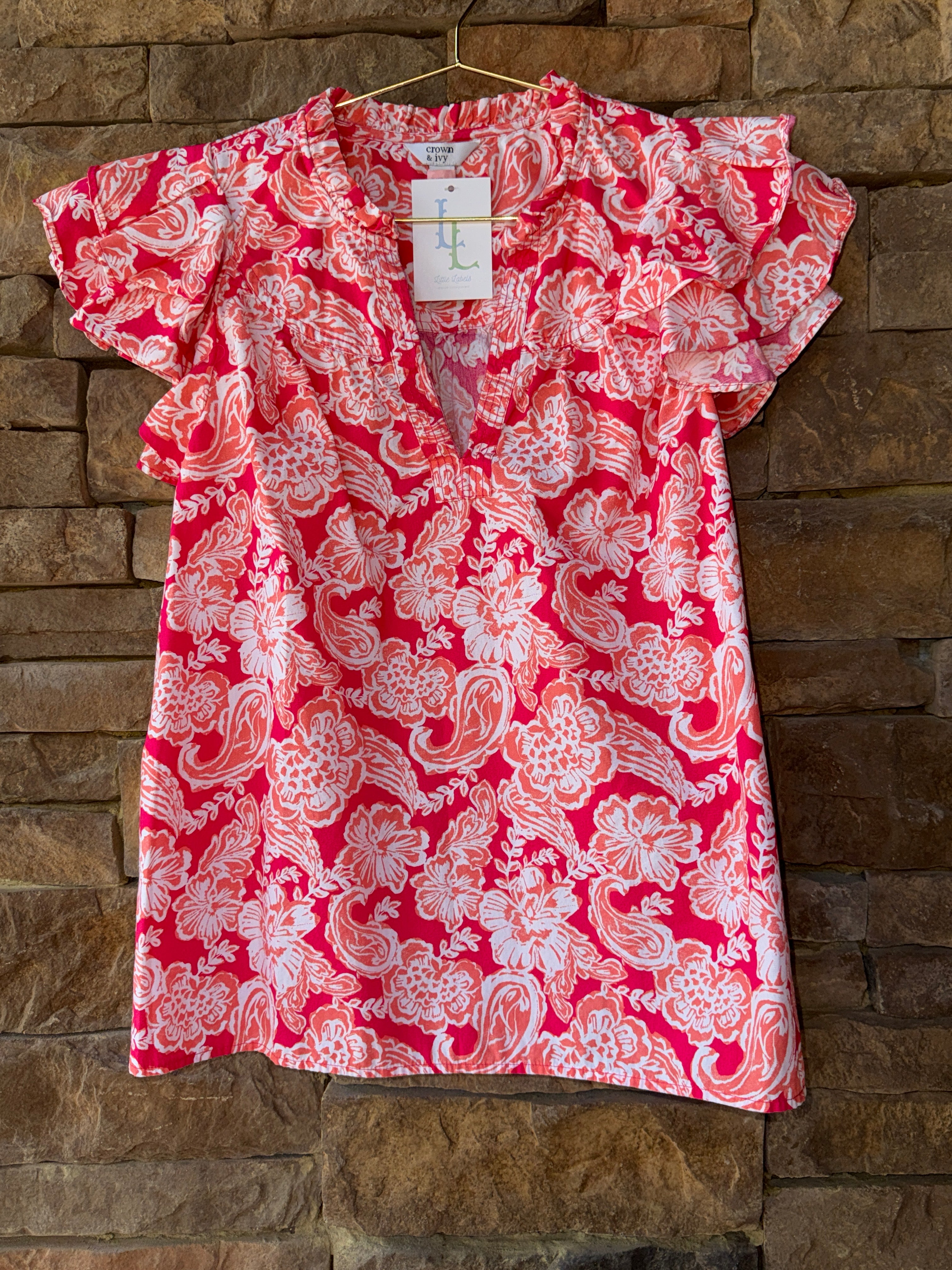 C&I Petite Pink and Peach Flutter Sleeve Top M