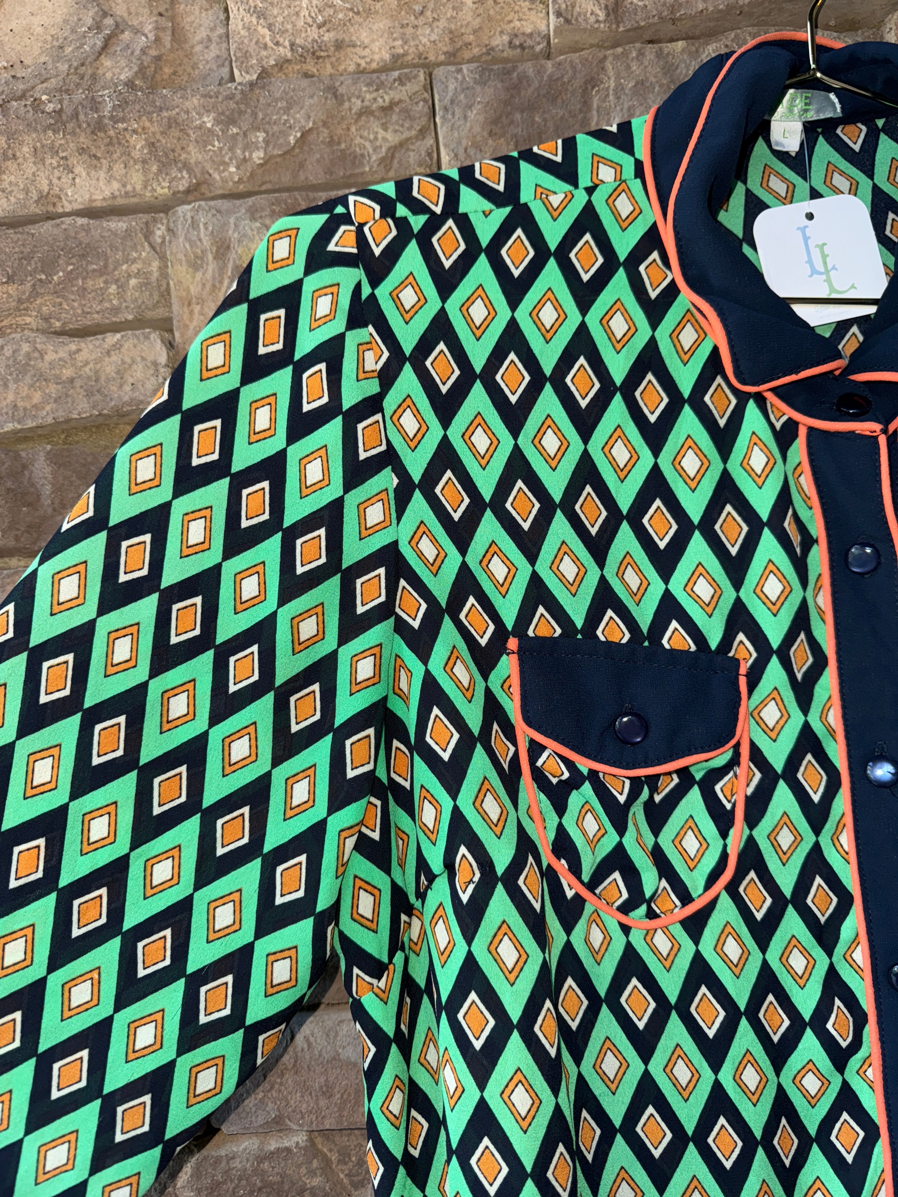 Jade Diamond Print LS Blouse L