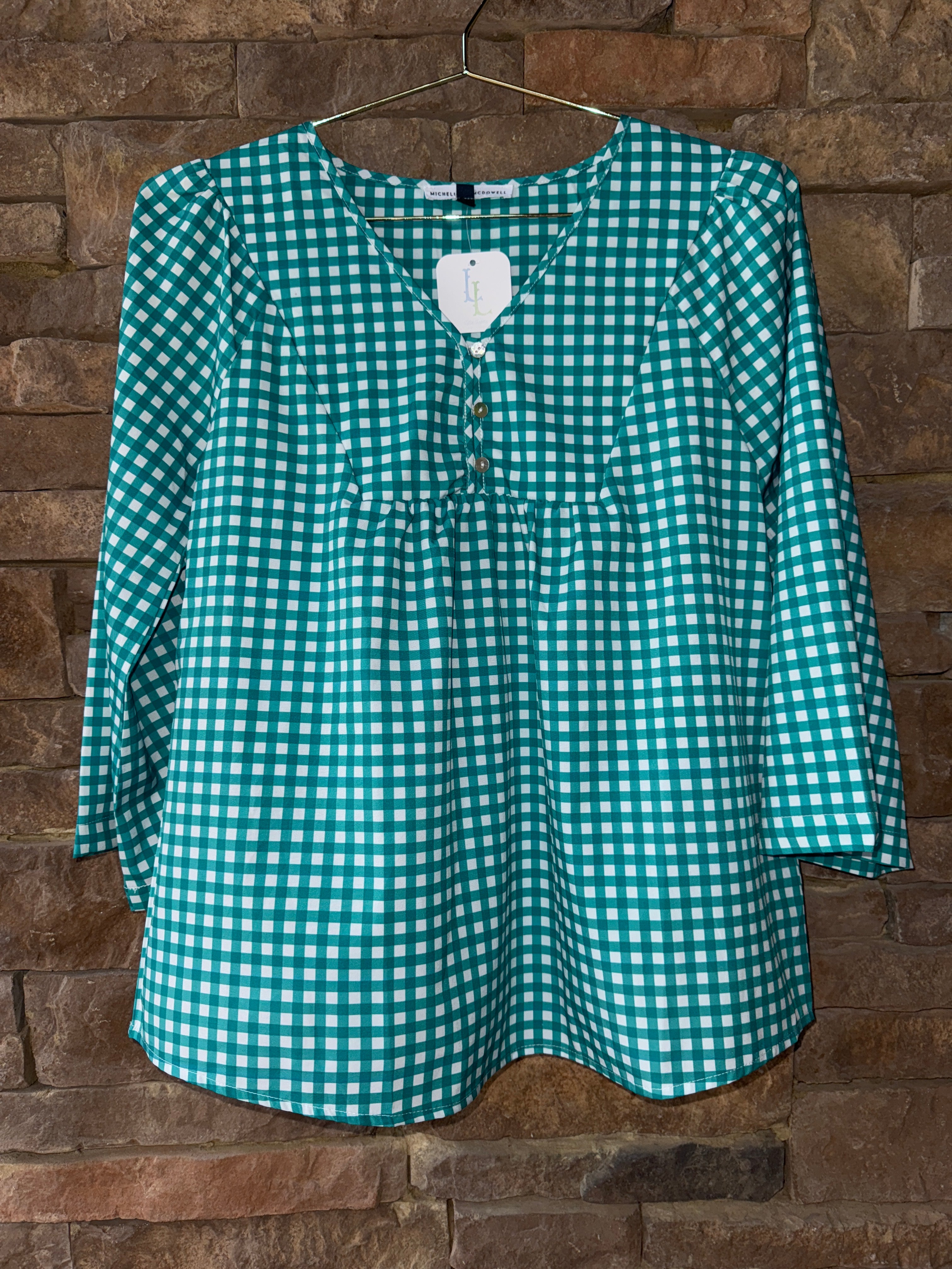 Michelle McDowell LS Green Gingham Top M