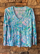 Lilly Pulitzer LS Teal Coral V Neck Top S