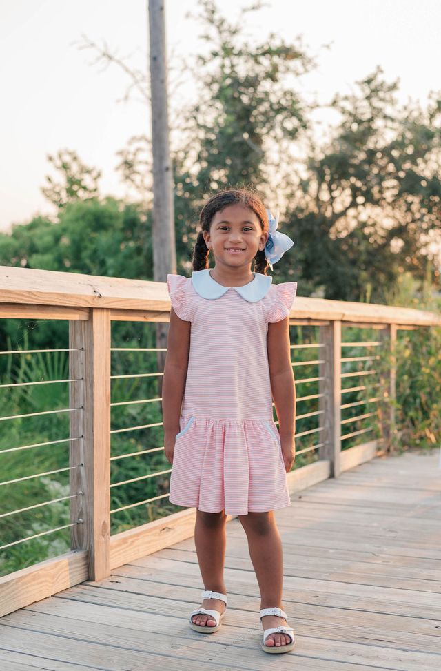 Genevieve Dress-Coral Stripe/Light Blue