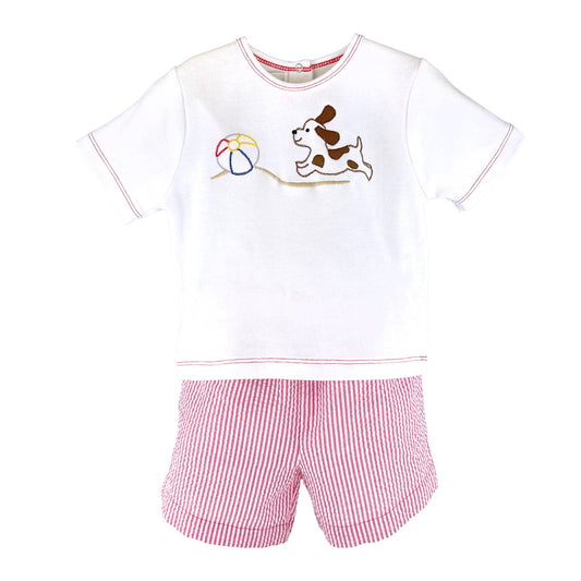 Shirt & Short Set with Beach Ball and Dog Embroidery