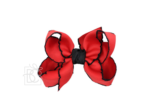 Crochet Edge Bows (Red & Black): 3.5" Medium - 7/8" Ribbon on Alligator Clip