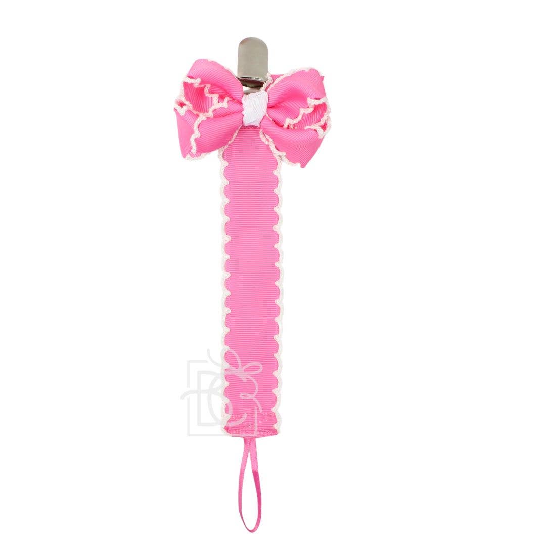 Crochet Edge Grosgrain Pacifier Clip w/ Detachable Bow: White w/ Millennium Blue Crochet Edge