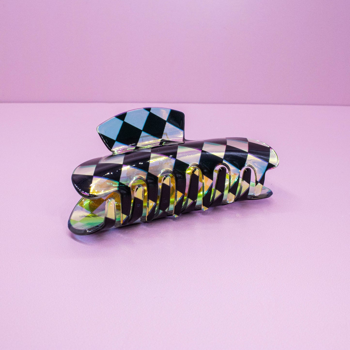 Medium Round Iridescent Checkered Hair Claw Clip: Pink