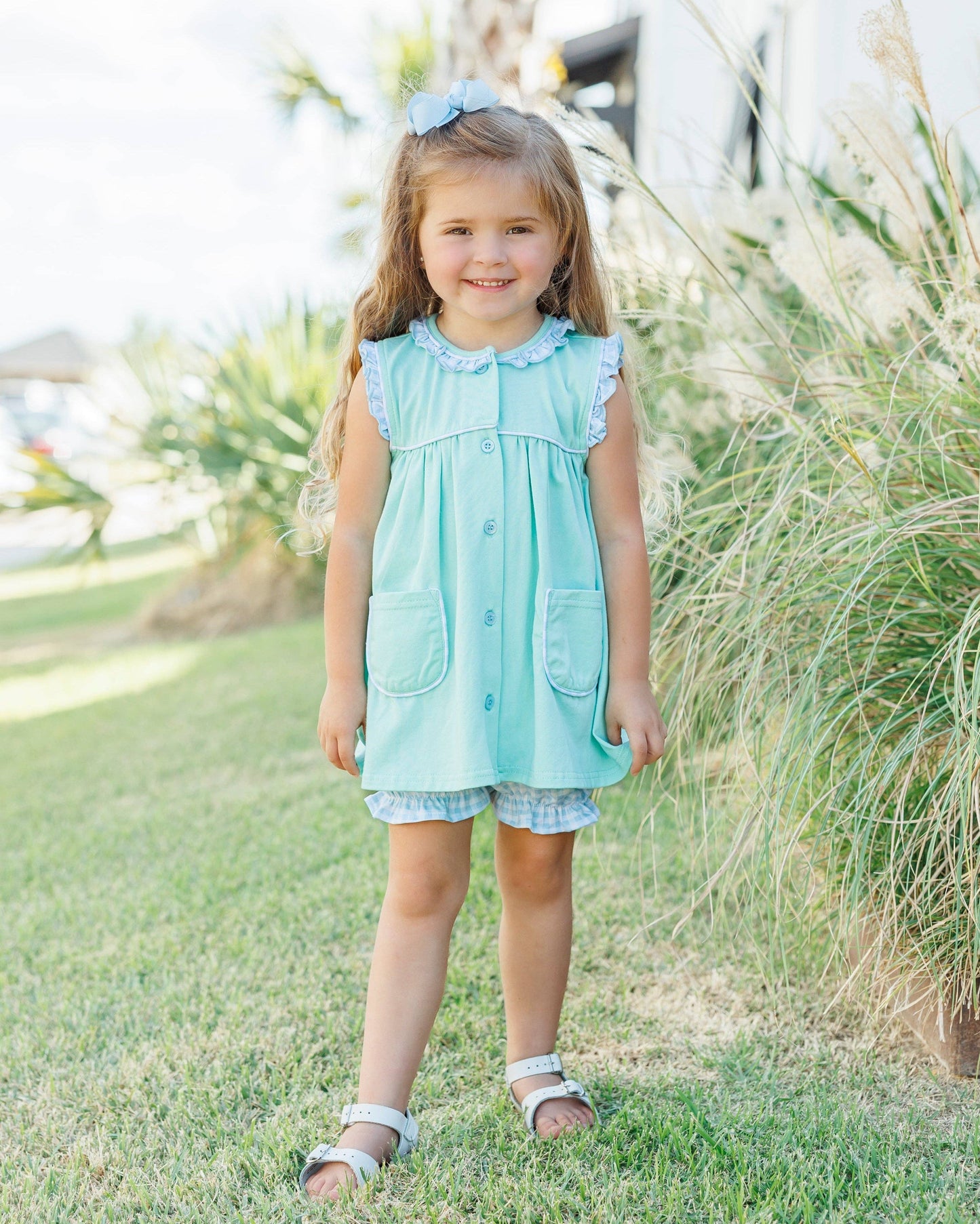 Harper Bloomer Set-Mint w/ Light Blue Gingham
