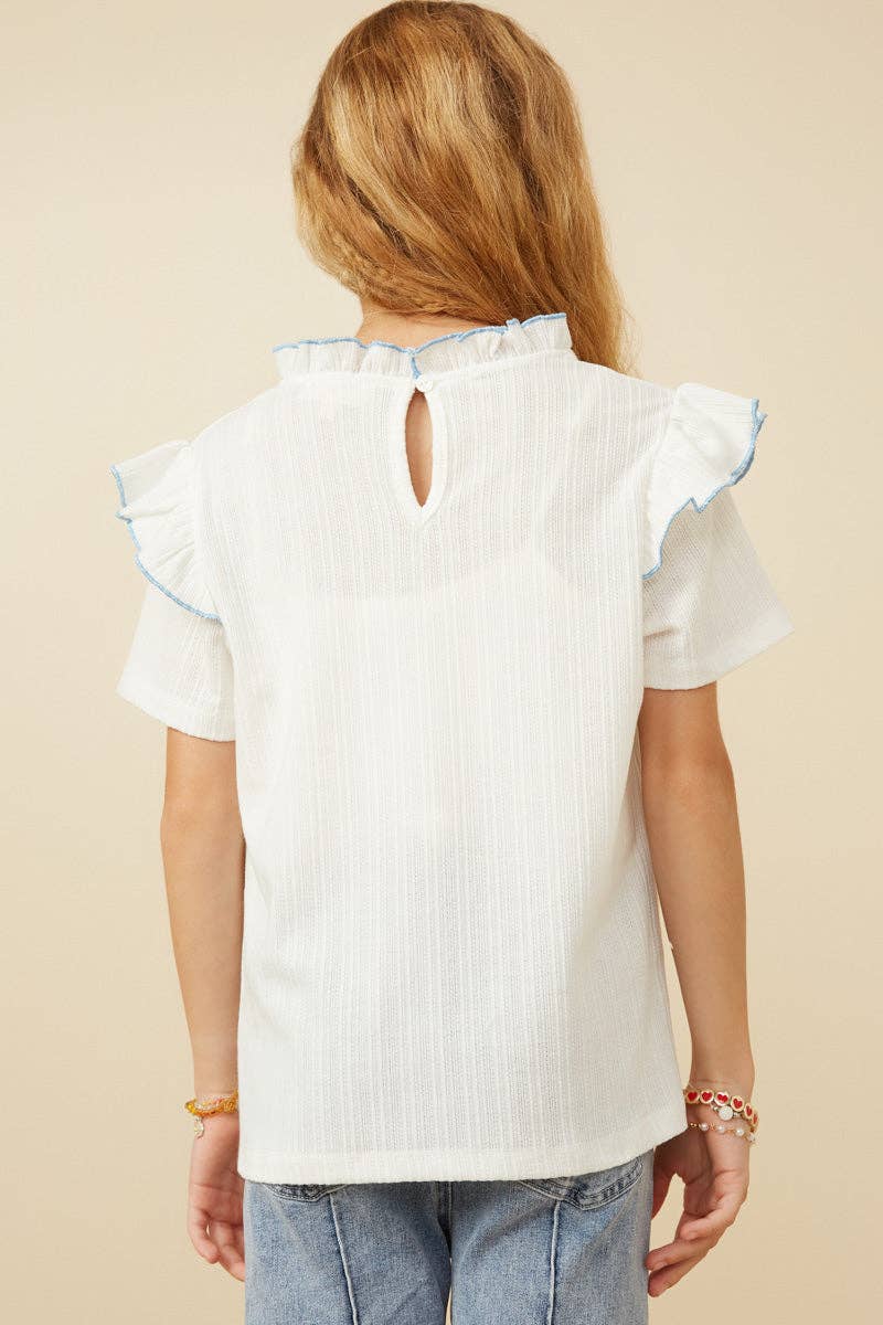 Girls Contrast Tipped Ruffled Ribbed Knit Top-Off White
