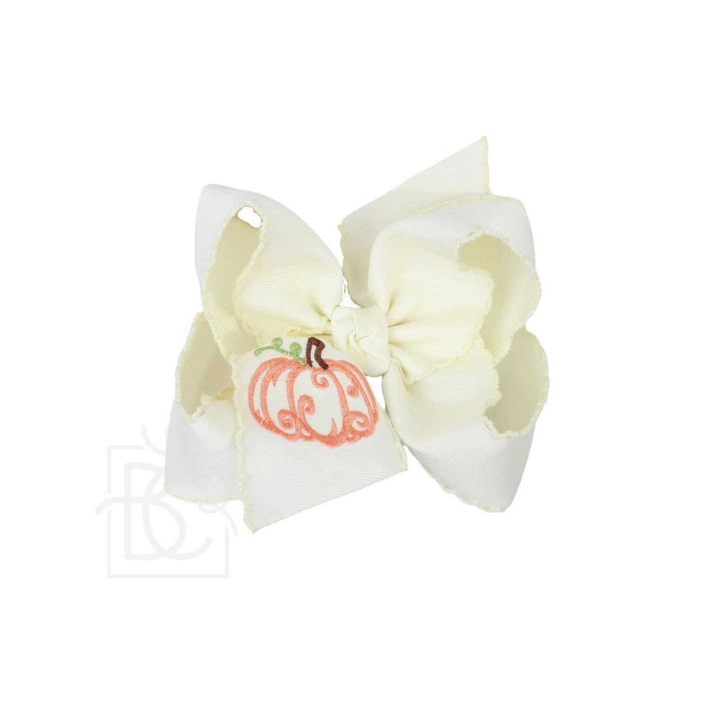 Embroidered Pumpkin Crochet Edge Bow: White-Light Pink Crochet Edge w/ Embroidered Pumpkin / 4.5" Large - 1.5" Crochet Edge Grosgrain Ribbon
