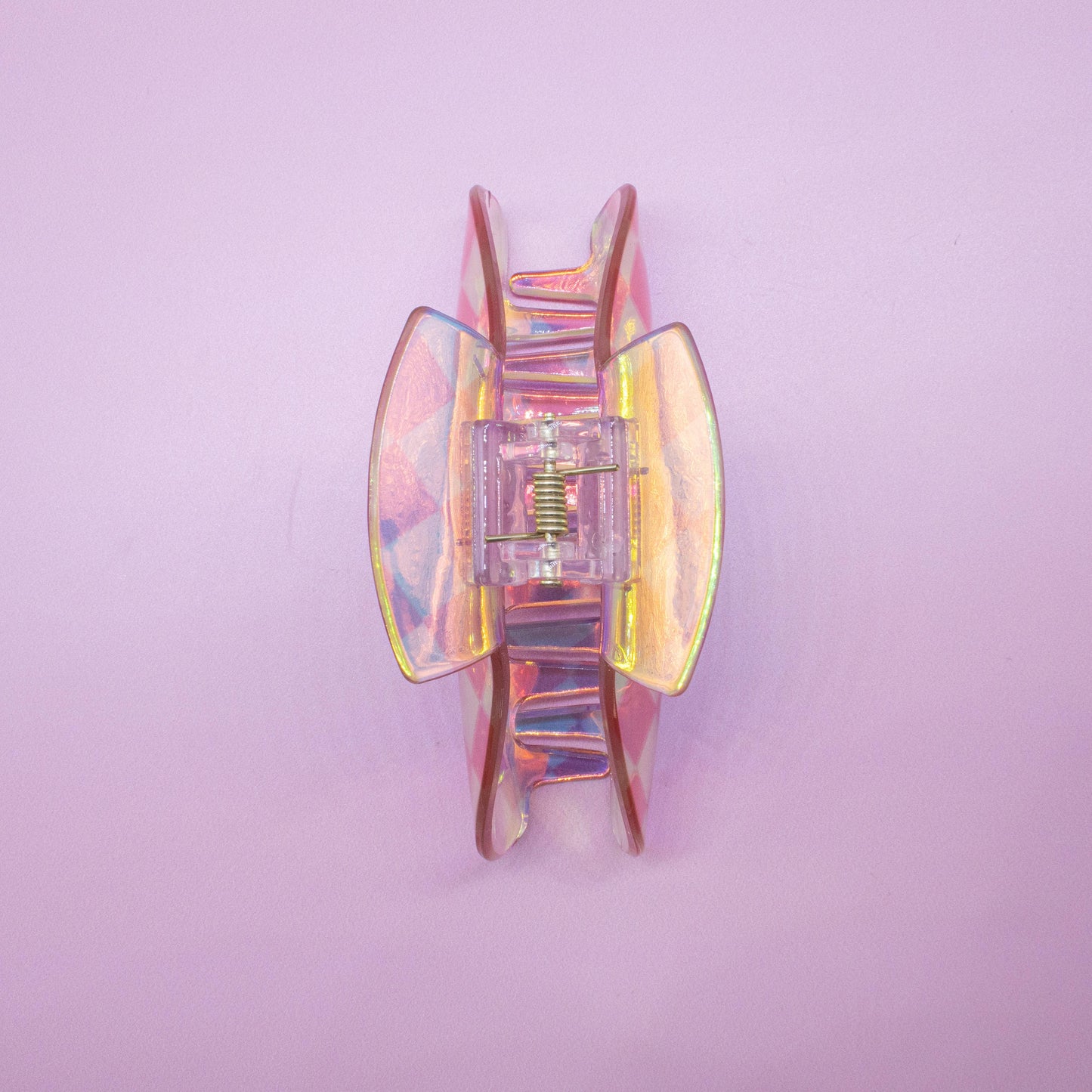 Medium Round Iridescent Checkered Hair Claw Clip: Pink