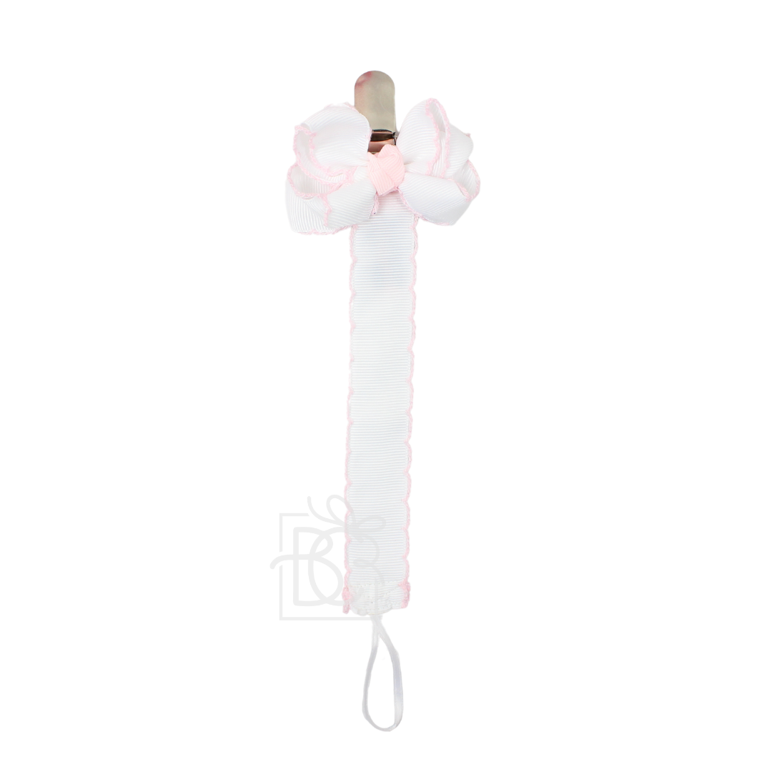 Crochet Edge Grosgrain Pacifier Clip w/ Detachable Bow: White w/ Millennium Blue Crochet Edge