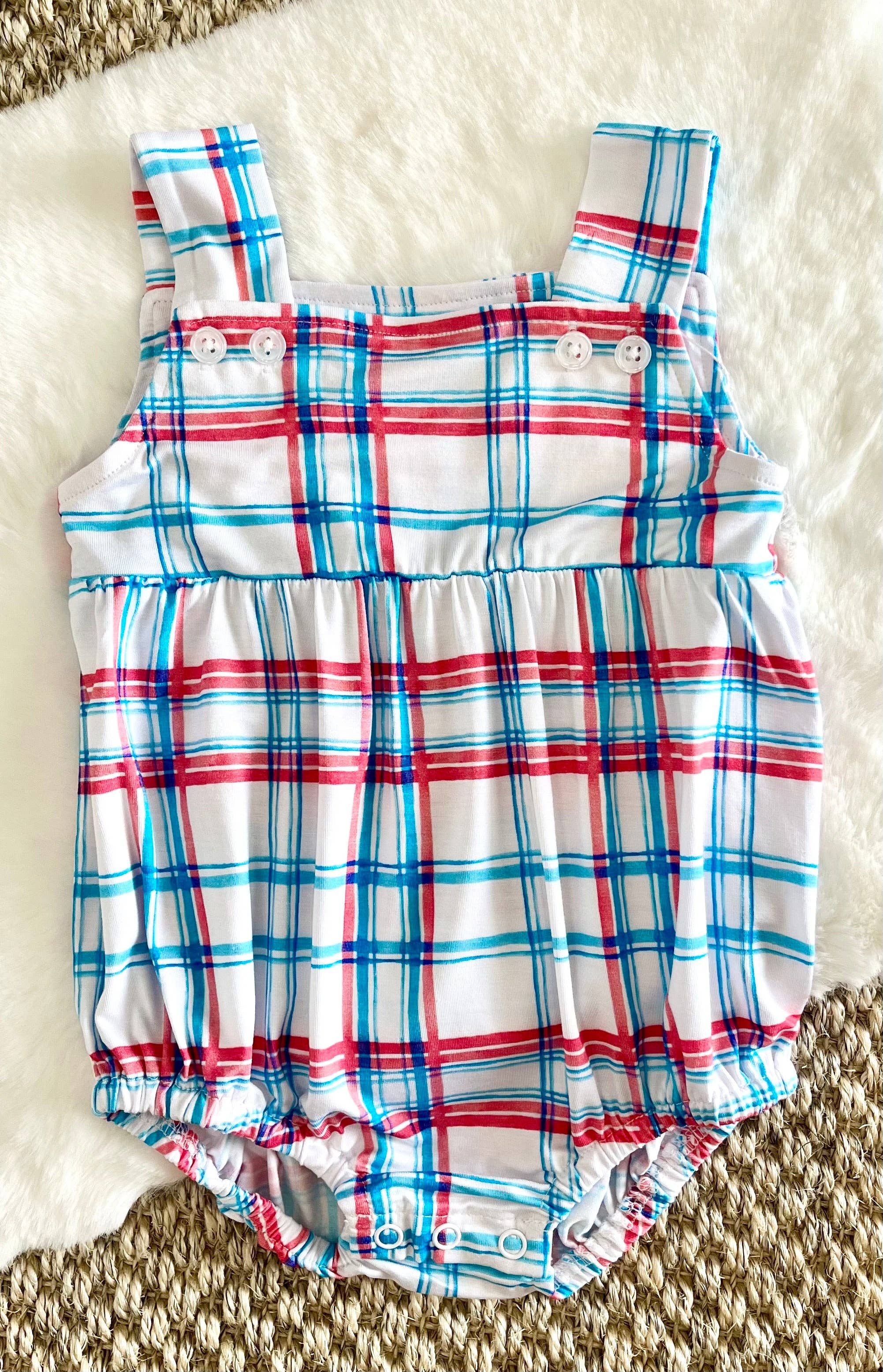 Blue/Red Plaid Snap Bubble: 18-24M