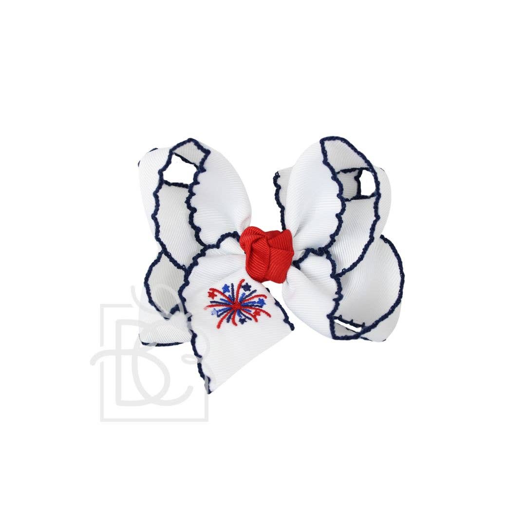 EMBROIDERED PATRIOTIC CROCHET EDGE BOW: 4.5" Large / Fireworks