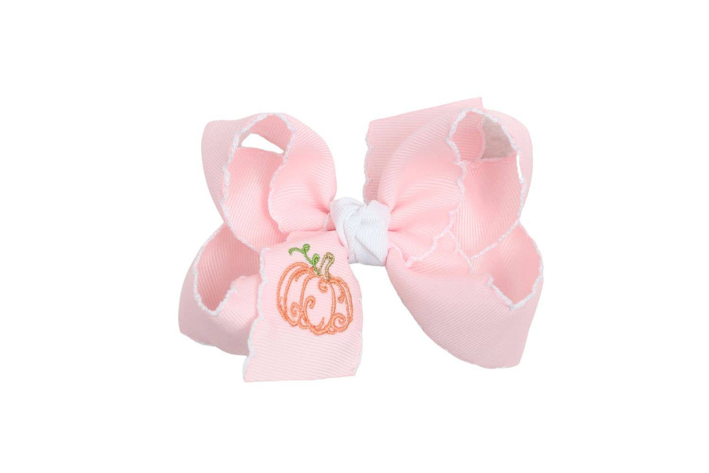 Embroidered Pumpkin Crochet Edge Bow: White-Light Pink Crochet Edge w/ Embroidered Pumpkin / 4.5" Large - 1.5" Crochet Edge Grosgrain Ribbon
