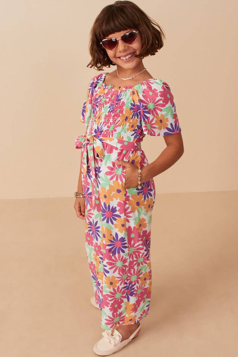 Girls Vivid Floral Self Belt Smocked Jumpsuit