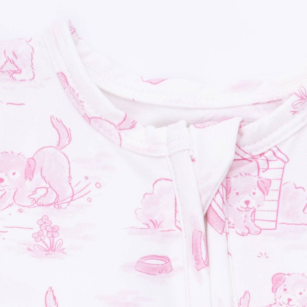 Puppy Toile Pink - 2 Way Ruffle Back Zipper Footie