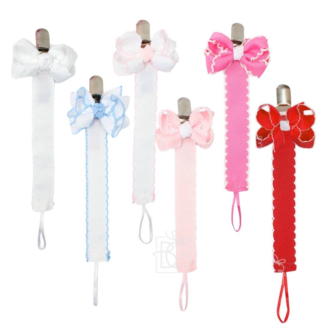 Crochet Edge Grosgrain Pacifier Clip w/ Detachable Bow: White w/ Millennium Blue Crochet Edge